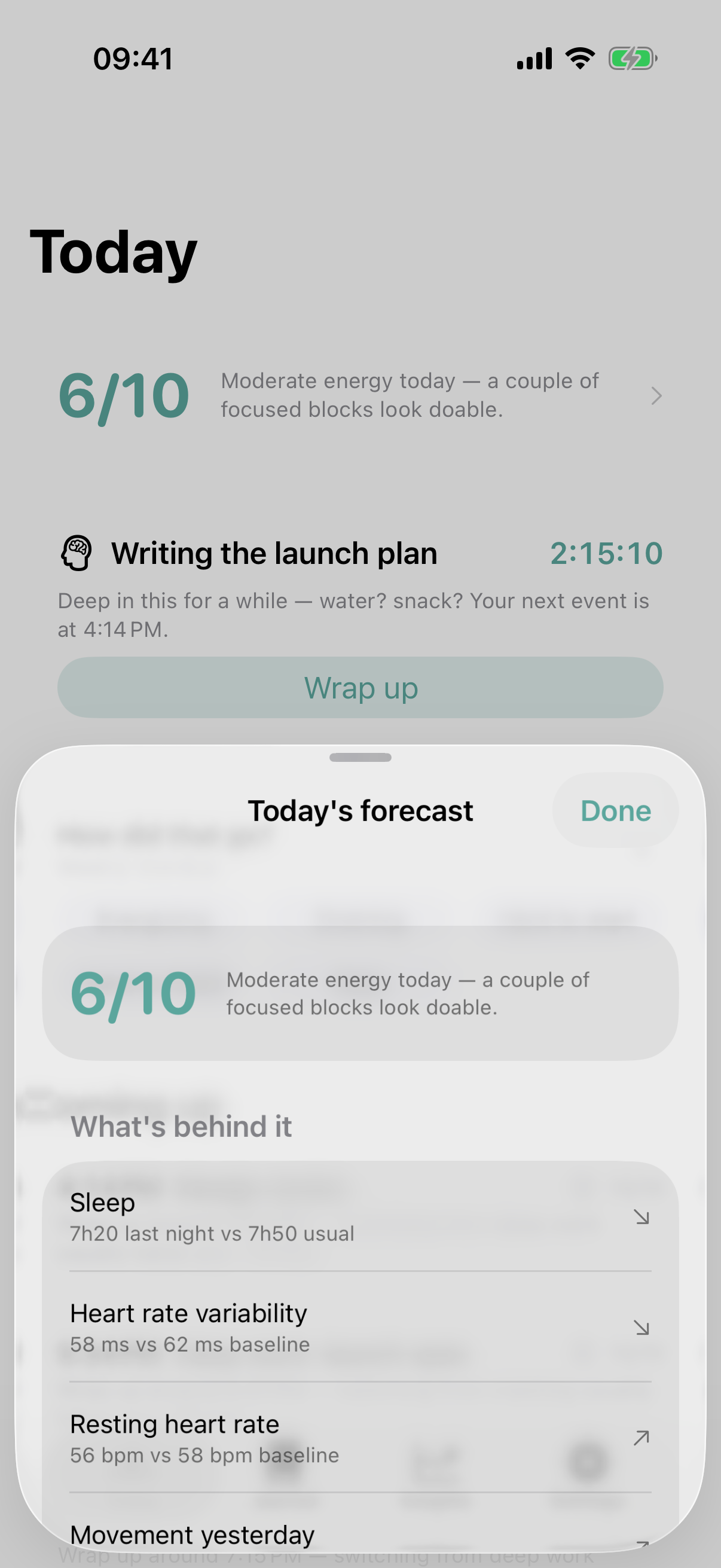 Tempo's morning forecast: an energy score with the sleep and heart signals behind it