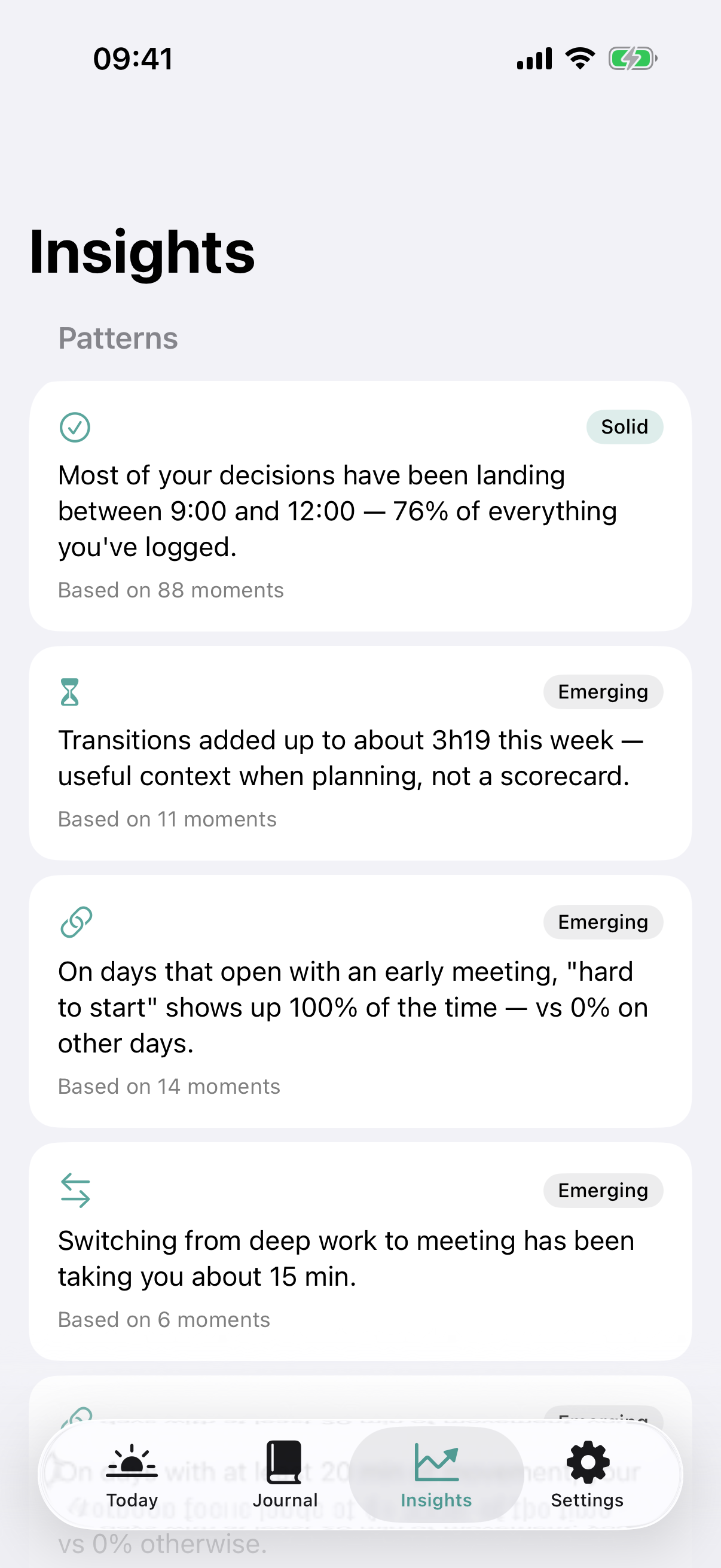 Tempo's Insights: evidence-backed patterns about focus, transitions, and energy