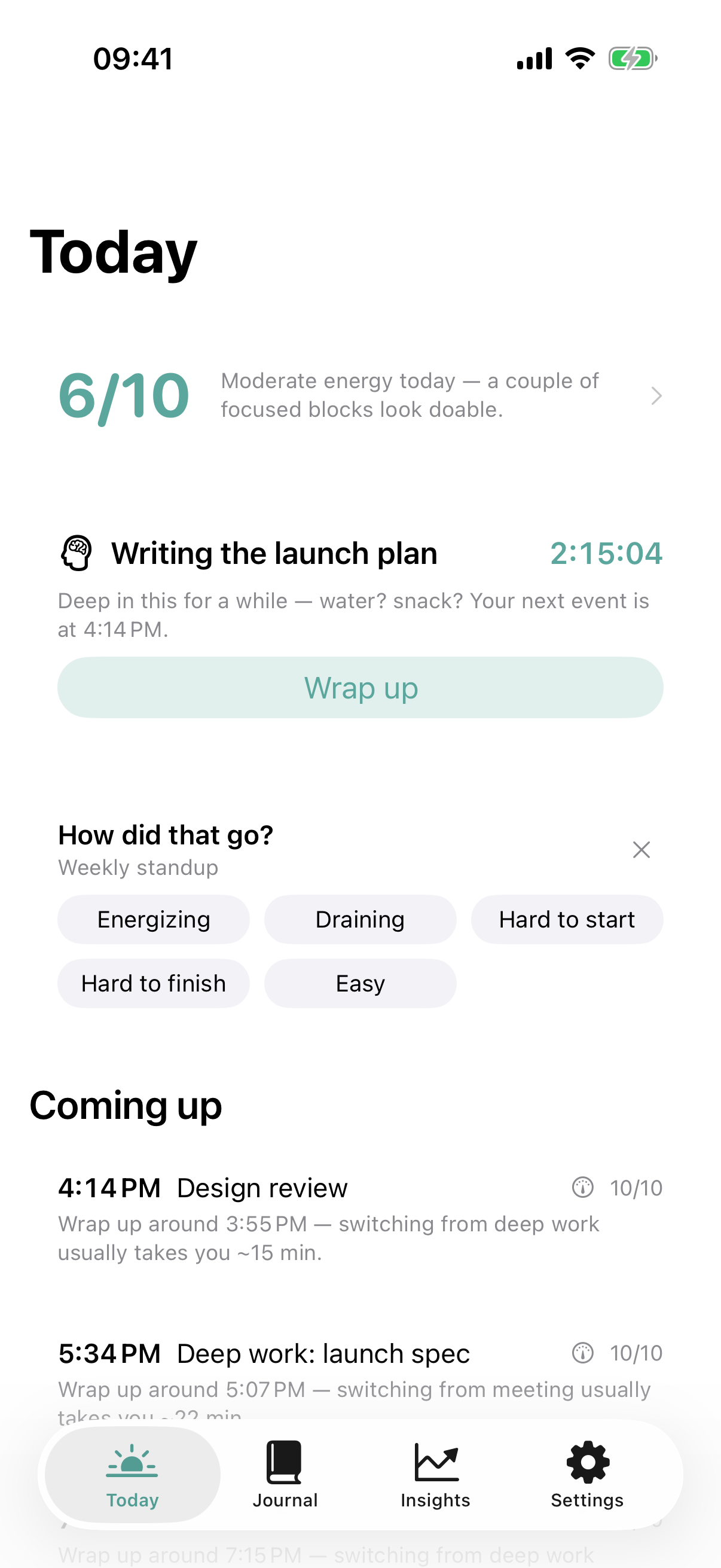 Tempo's Today screen: active session, one-tap check-in, and upcoming events with wrap-up times